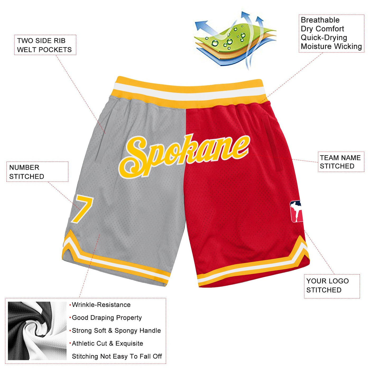 Custom Silver Gray Gold-Red Authentic Throwback Split Fashion Basketball Shorts