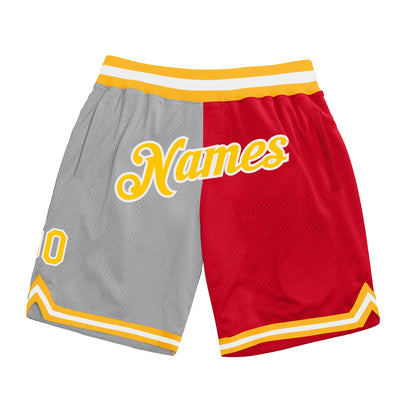 Custom Silver Gray Gold-Red Authentic Throwback Split Fashion Basketball Shorts