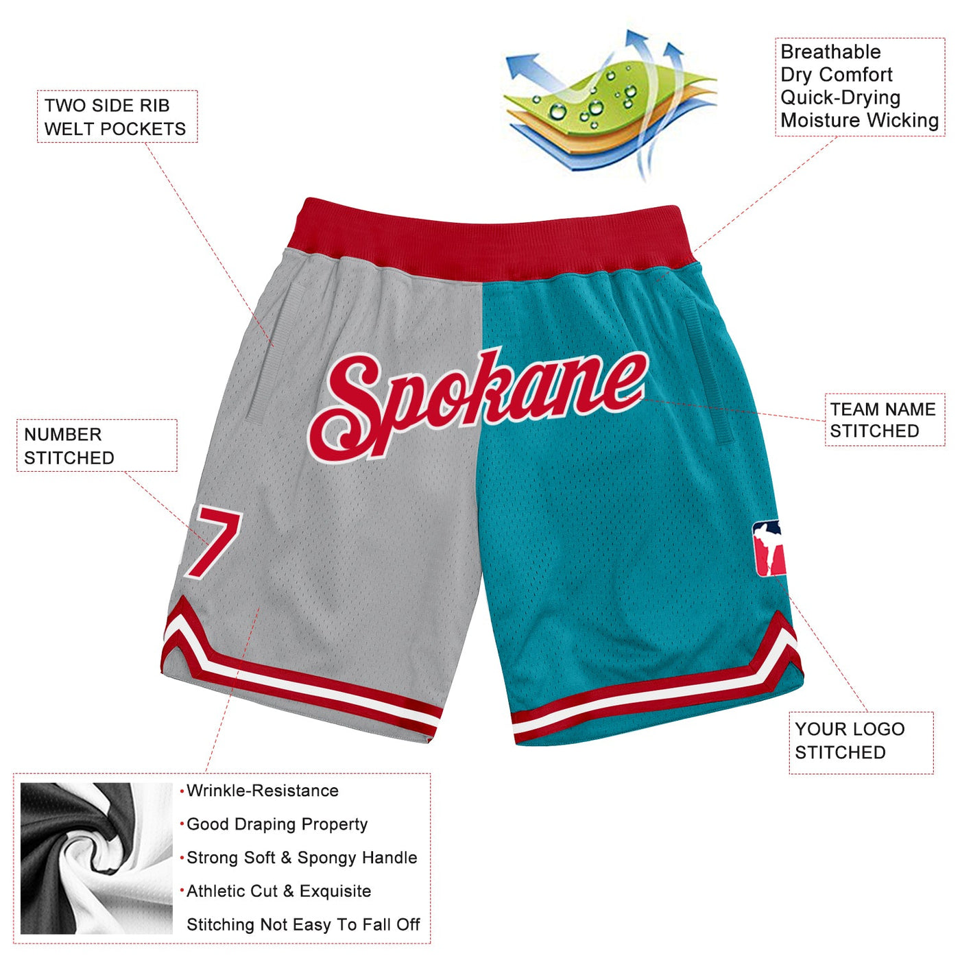 Custom Silver Gray Red-Teal Authentic Throwback Split Fashion Basketball Shorts