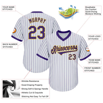 Custom White Purple Pinstripe Purple-Gold Authentic Throwback Rib-Knit Baseball Jersey Shirt - Owls Matrix LTD