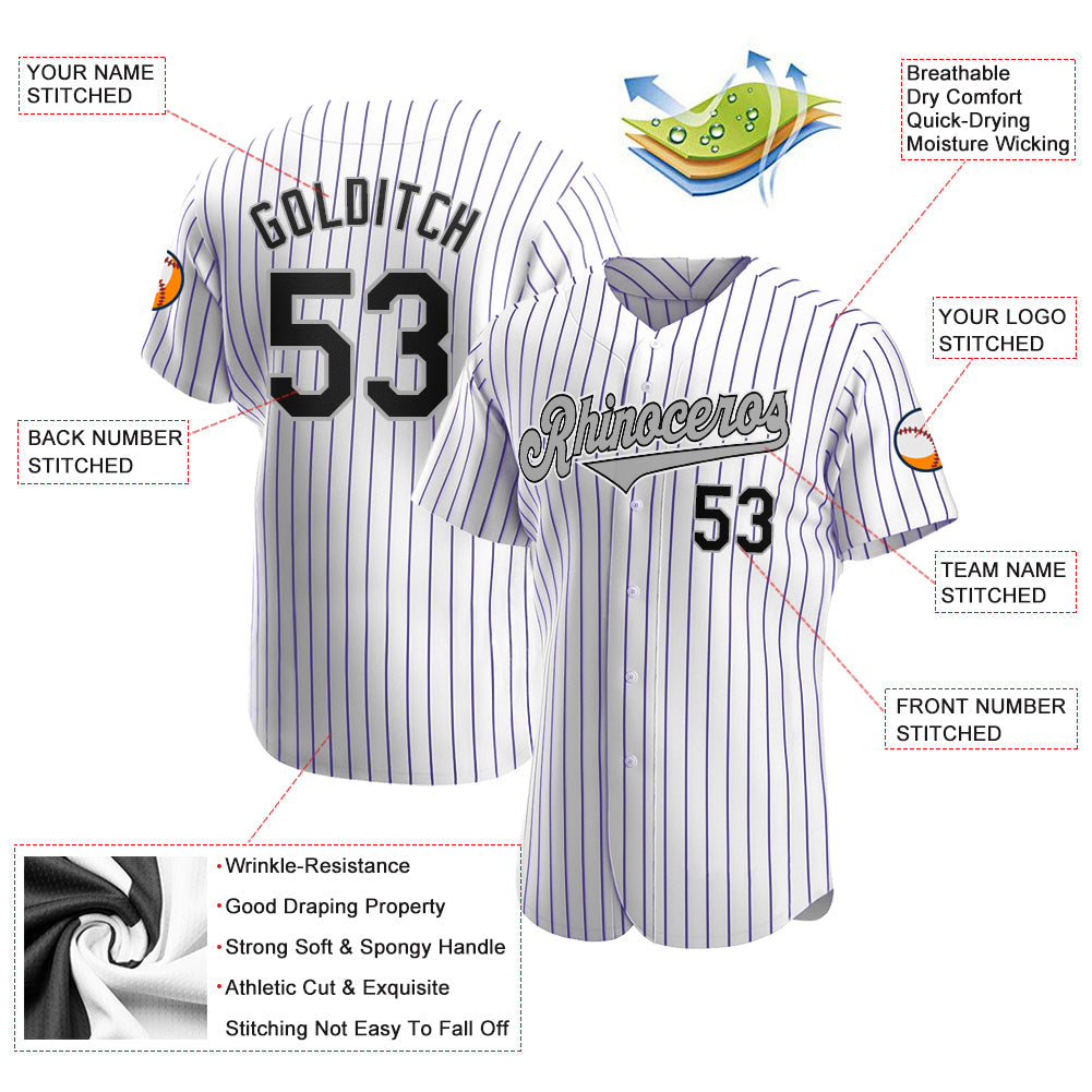 Custom White Purple Pinstripe Black-Gray Authentic Baseball Jersey - Owls Matrix LTD