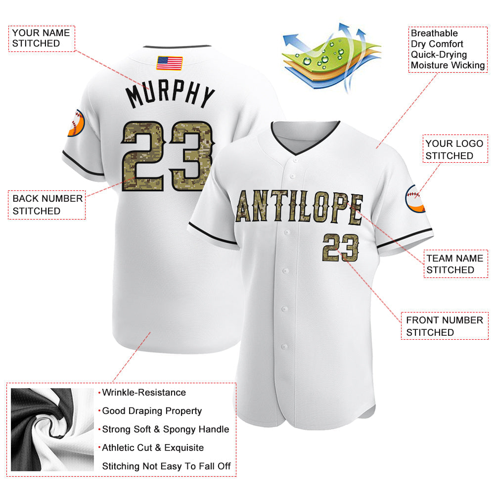 Custom White Camo-Black Authentic American Flag Fashion Baseball Jersey - Owls Matrix LTD