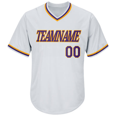 Custom White Purple-Gold Authentic Throwback Rib-Knit Baseball Jersey Shirt - Owls Matrix LTD