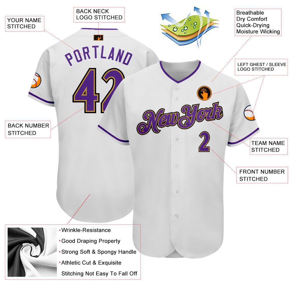 Custom White Purple-Old Gold Authentic Baseball Jersey - Owls Matrix LTD