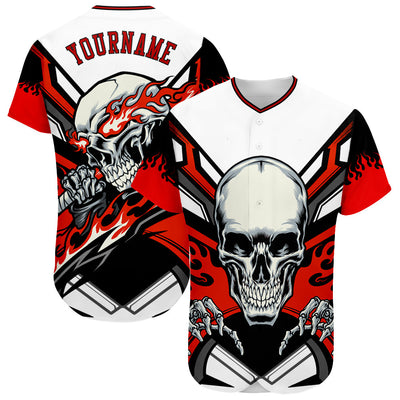 Custom White Red-Black 3D Skull Authentic Baseball Jersey - Owls Matrix LTD