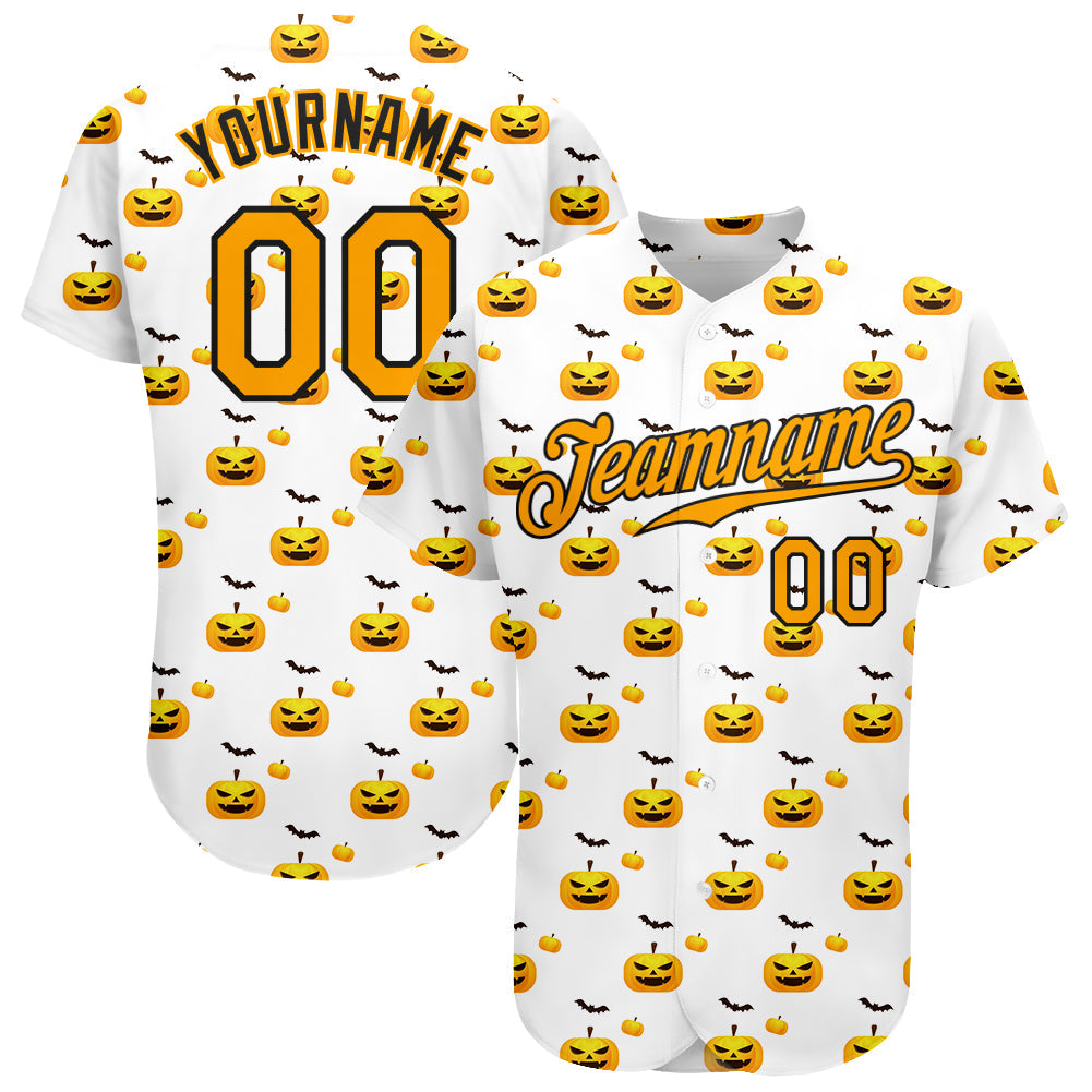 Custom White Gold-Black 3D Pattern Design Halloween Pattern With Pumpkins Authentic Baseball Jersey - Owls Matrix LTD