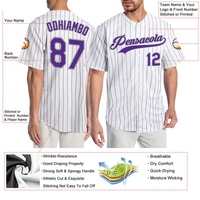 Custom White Purple Pinstripe Purple-Gray Authentic Baseball Jersey - Owls Matrix LTD