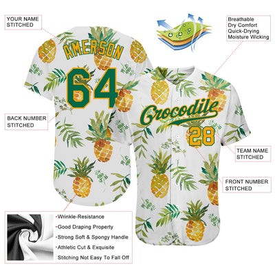 Custom White Kelly Green-Gold 3D Pattern Design Pineapples Authentic Baseball Jersey - Owls Matrix LTD