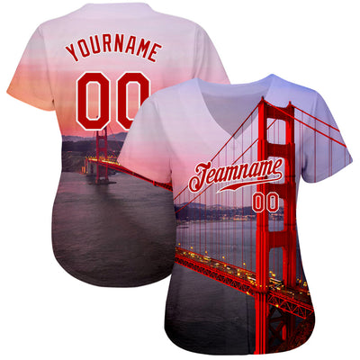 Custom White Red-White 3D Pattern Design Golden Gate Bridge Authentic Baseball Jersey - Owls Matrix LTD