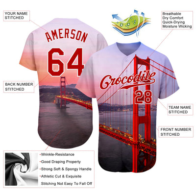Custom White Red-White 3D Pattern Design Golden Gate Bridge Authentic Baseball Jersey - Owls Matrix LTD