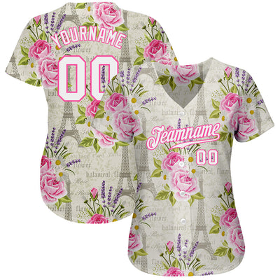 Custom White White-Pink 3D Pattern Design Floral Pattern With The Eiffel Tower Authentic Baseball Jersey - Owls Matrix LTD