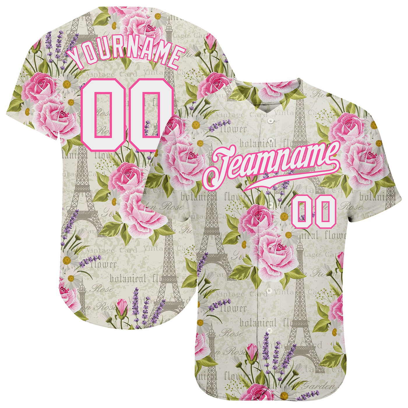 Custom White White-Pink 3D Pattern Design Floral Pattern With The Eiffel Tower Authentic Baseball Jersey - Owls Matrix LTD