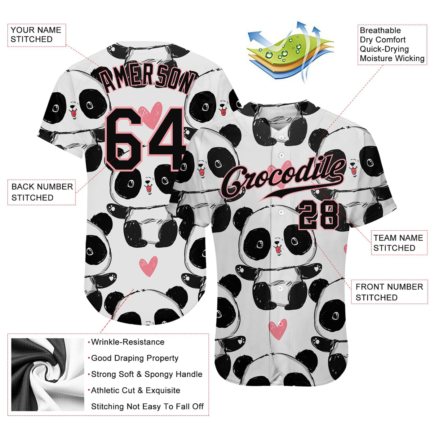 Custom White Black-Pink 3D Pattern Design Pandas Authentic Baseball Jersey - Owls Matrix LTD