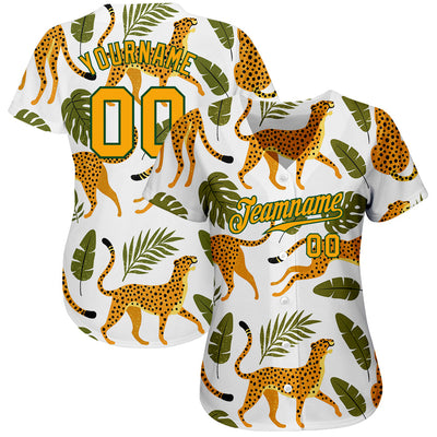 Custom White Gold-Green 3D Pattern Design Leopards And Tropical Leaves Authentic Baseball Jersey - Owls Matrix LTD