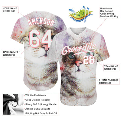 Custom White White-Pink 3D Pattern Design Cat Authentic Baseball Jersey - Owls Matrix LTD