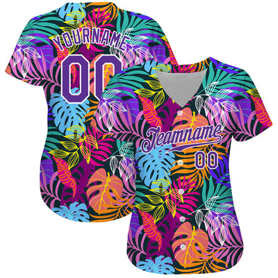Custom White Purple-White 3D Pattern Design Hawaii Palm Trees Authentic Baseball Jersey - Owls Matrix LTD