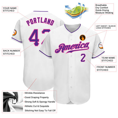 Custom White Purple-Pink Authentic Baseball Jersey - Owls Matrix LTD